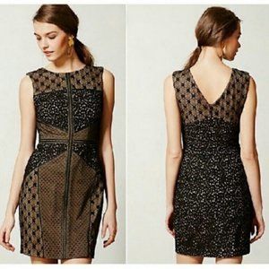 Anthropologie Heartloom Black and Tan Lace Illusion Dress XS Faux Leather Trim